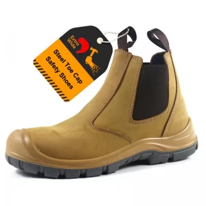 TM160A Sapatos de segurança masculinos de couro nobuck amarelo antiderrapante biqueira de aço à prova d'água sem cadarços