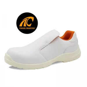 TM079 Zapatos de seguridad de chef con punta compuesta antideslizante de cuero de microfibra blanco para cocina