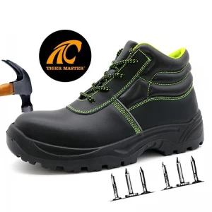 TM028 Sapatos de segurança para canteiros de obras com biqueira de fibra de vidro em couro preto anti-furos para homens