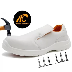 TM079 New anti-skid fiberglass toe puncture proof white kitchen safety shoes without lace