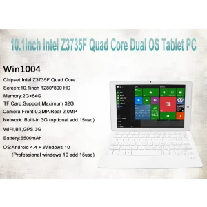 10.1 pulgadas Intel Z3735F Quad Core 2GB 64GB 1280*800 HD Soporte GPS BT Wifi Dual OS Tablet PC Win1004