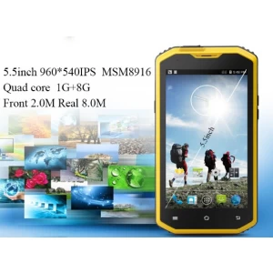 5,5 pouces MSM8916 Quad-core 960 * 540 1G 8G Caméra frontale 2 millions de pixels Caméra arrière 8 millions de pixels Prise en charge 3G WIFI Bluetooth 4G LTE smartphone robuste A8
