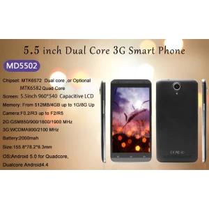 5,5-calowy dwurdzeniowy MTK6572 512 MB 4 GB rozdzielczość 960 × 540 z przodu 300 000 pikseli z tyłu 2 miliony pikseli 52 USD niedrogi smartfon MD5502