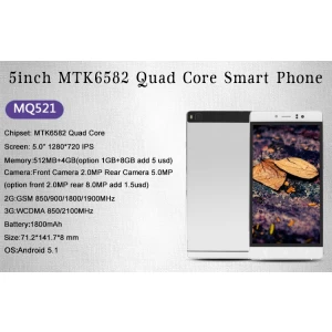 Teléfono móvil MTK6582 de 5 pulgadas de cuatro núcleos, 512 MB, 4 GB, 960 × 540, frontal, 2 millones de píxeles, trasero, 5 millones de píxeles, Android 5.1, MQ521