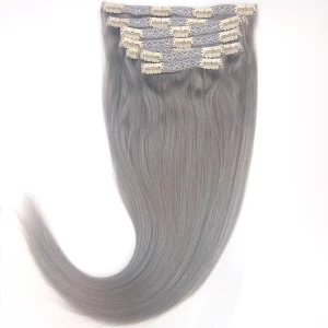 China Cheap 100% human remy double weft grey color clip in hair extension fabricante