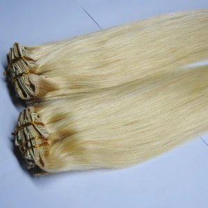 中国 Double drawn 100% human hair extension clip hair gold blond color hair 制造商