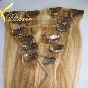 中国 Top quality full ends no acid no chemical virgin clip in human hair extensions brown blonde mix メーカー