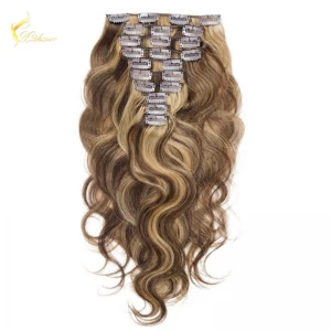 An tSín Wholesale Price Body Wave Piano Color Supreme Remy Brazilian Human Hair Clip In Hair Extensions For Black Women déantóir