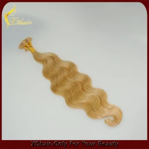 Cina estensioni dei capelli all'ingrosso di punta brazilain vergine dei capelli umani dell'onda del corpo bionda piatto Factoy alta qualità produttore