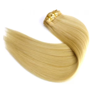 Chine white hair extensions cheap brazilian human hair lightest blonde #60 color seamless clip in hair extension fabricant