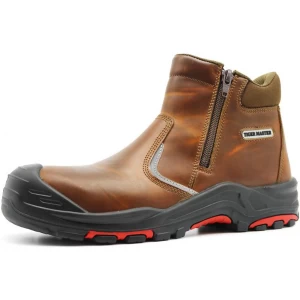 TM7003耐油棕色皮革钢趾防穿刺无花边安全鞋，带YKK拉链