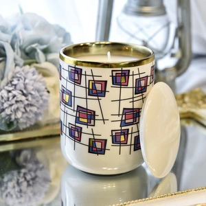 Modern custom blue pink rose red block gold rim ceramic candle jars with lid for candle making