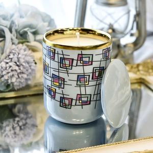 Luxury blue multicolored block pattern ceramic candle holders with lid