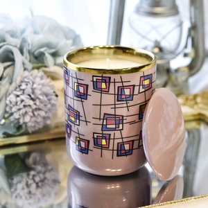 374ml wholesale cool purple multicolored block pattern ceramic candle holder with lid