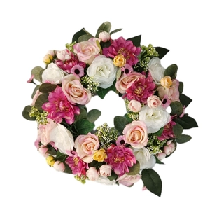 Senmasine lentebloemenkrans kunstbloemen roos pioenroos gemengd groen bladeren lint strikken voordeur hangend decor