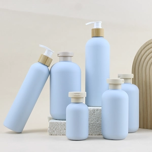 HDPE-Plastiklotionsflasche mit Bambuspumpenhersteller, Kosmetikverpackung, Shampooflaschen, individuelles Logo