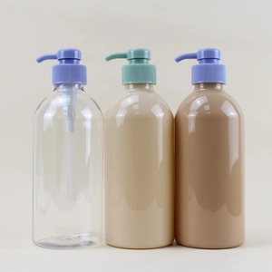 Simple Design Empty Blue Gray 300ml 500ml PET Flat Shoulder Lotion Oil Cleanser Plastic Pump Bottles for hair oil - COPY - q2m4if