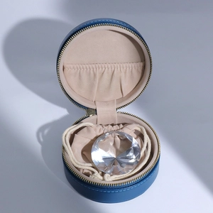 Étui à bijoux en cuir pu bleu marine, boîte d'emballage à fermeture éclair, boîte à bijoux ronde