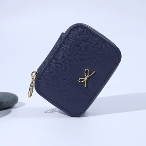 Étui à bijoux en cuir pu bleu foncé, boîte d'emballage à fermeture éclair, boîte à bijoux carrée