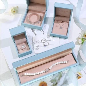 Misty Blue PU Leather Jewelry Box Collection – Customizable Luxury Packaging for Rings, Necklaces & More