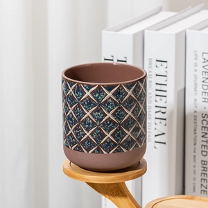 Barattoli di candela in ceramica a reticolo blu sfusi all'ingrosso con bordo in terracotta