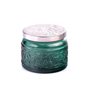批发翠绿压花玻璃蜡烛罐带锤制金属盖