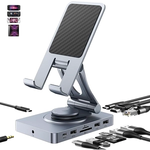 Premium-Aluminium-Legierung 360 ° Rotationsfaltbares Telefon- und Tablet-Ständer mit Multi-Port-Docking-Station-OEM-Anpassung verfügbar