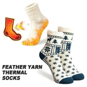 Dames Kerst Feather-Yarn Crew Sokken Fuzzy Cuff Xmas Elanden Sneeuwvlok Jacquard Warme Winter Thuis Sokken Voor Vakantie Cadeau