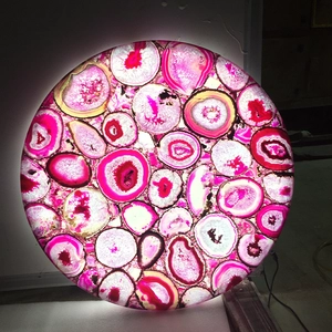 Piani da tavolo rotondi retroilluminati in pietra di agata rosa, piano di lavoro in pietra preziosa