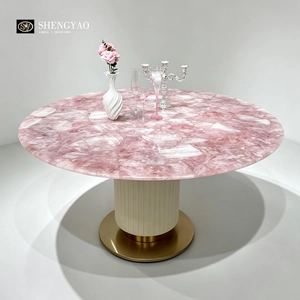 Table à manger ronde en cristal rose | Meubles en pierres précieuses personnalisés