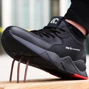 708 Zapatos de seguridad de moda de protección laboral con punta de acero de cuero de microfibra negro para hombres