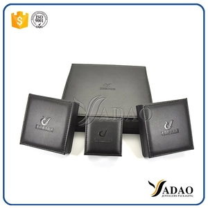 Caja de cuero al por mayor personalizada de gama alta hecha a mano negra de lujo para anillo / collar / colgante / collar