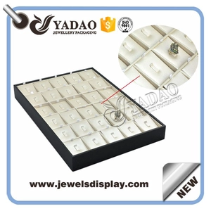 calidad hecha a mano cubierta de cuero de la PU del anillo exhibición de la joyería de madera apilables bandeja de pantalla