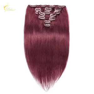 중국 8A grade Wholesale Price 100% remy Indian Straight Wave 99j# Clip in hair extension 제조업체