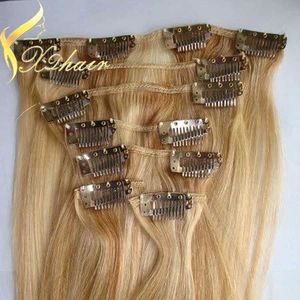 중국 Top quality full ends no acid no chemical virgin clip in human hair extensions brown blonde mix 제조업체