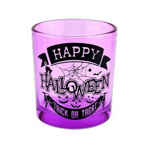 Halloween holiday decoration purple glass candle jar black lettering graffiti used for candle making
