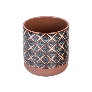 Barattoli di candela in ceramica a reticolo blu sfusi all'ingrosso con bordo in terracotta
