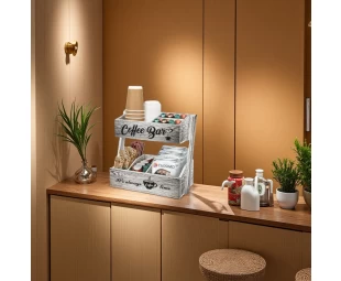 wholesale 2 Tier Wood Coffee Holder Wooden Coffee Station Organizer, Kitchen Counter Shelf