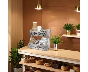 wholesale 2 Tier Wood Coffee Holder Wooden Coffee Station Organizer, Kitchen Counter Shelf