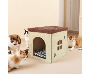 Rumah kucing kayu borong, najis rehat kaki dengan kusyen yang boleh dibasuh, sarang haiwan mewah