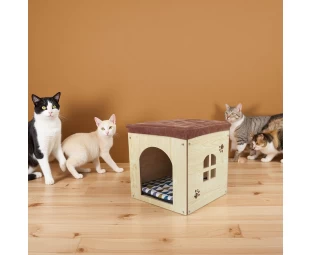 Rumah kucing kayu borong, najis rehat kaki dengan kusyen yang boleh dibasuh, sarang haiwan mewah