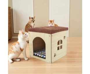Rumah kucing kayu borong, najis rehat kaki dengan kusyen yang boleh dibasuh, sarang haiwan mewah