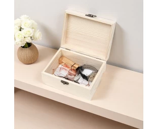 Custom Crafts DIY Storage Jewelry Plain Pine Box with Hinged Lid, Unfinished Unpainted Wooden Box