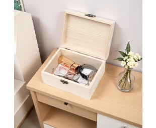 Custom Crafts DIY Storage Jewelry Plain Pine Box with Hinged Lid, Unfinished Unpainted Wooden Box