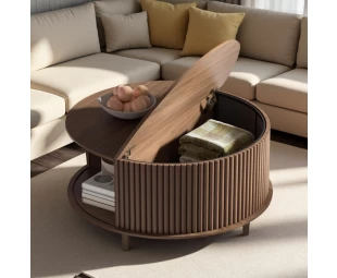 Customized Round Coffee Table with Storage Space Fluted Center Table with Sliding Door