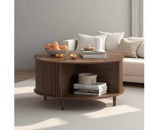 Customized Round Coffee Table with Storage Space Fluted Center Table with Sliding Door