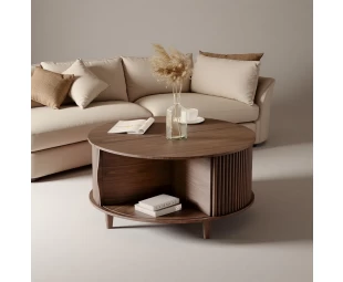 Customized Round Coffee Table with Storage Space Fluted Center Table with Sliding Door