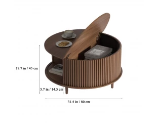 Customized Round Coffee Table with Storage Space Fluted Center Table with Sliding Door