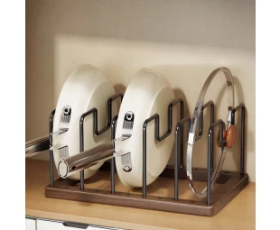 Solid Walnut Wood Pots and Pans Organizer Rack for Countertop or inside Cabinet