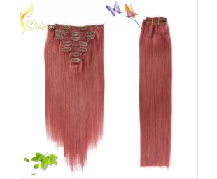 Best quality red color human hair extension clip on hair weft